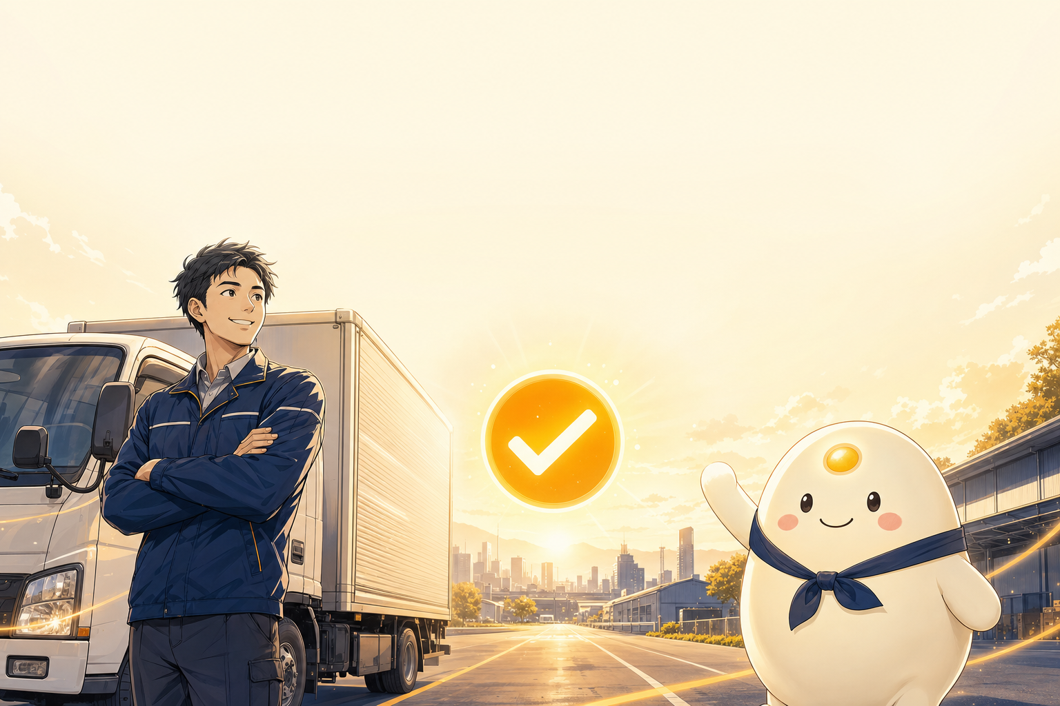 LogiOS - リーちゃんが、 配車管理者と一緒に手を振り、 AI で楽になった毎日を一緒に始めようと誘っている様子