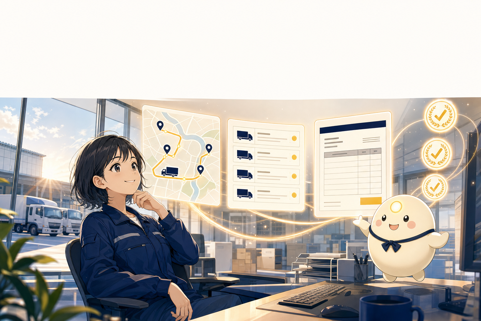 LogiOS — リーちゃんが、整理された配車ルート/マニフェスト/請求書を AI が承認カードで回すワークフローを案内する様子