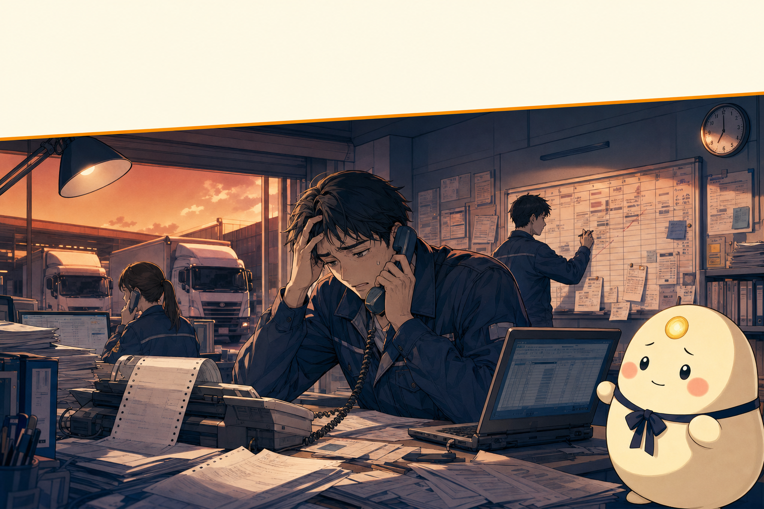 LogiOS - リーちゃんが、 電話・FAX・手書きの配車表に追われる中小運送会社の事務を心配そうに見ている様子